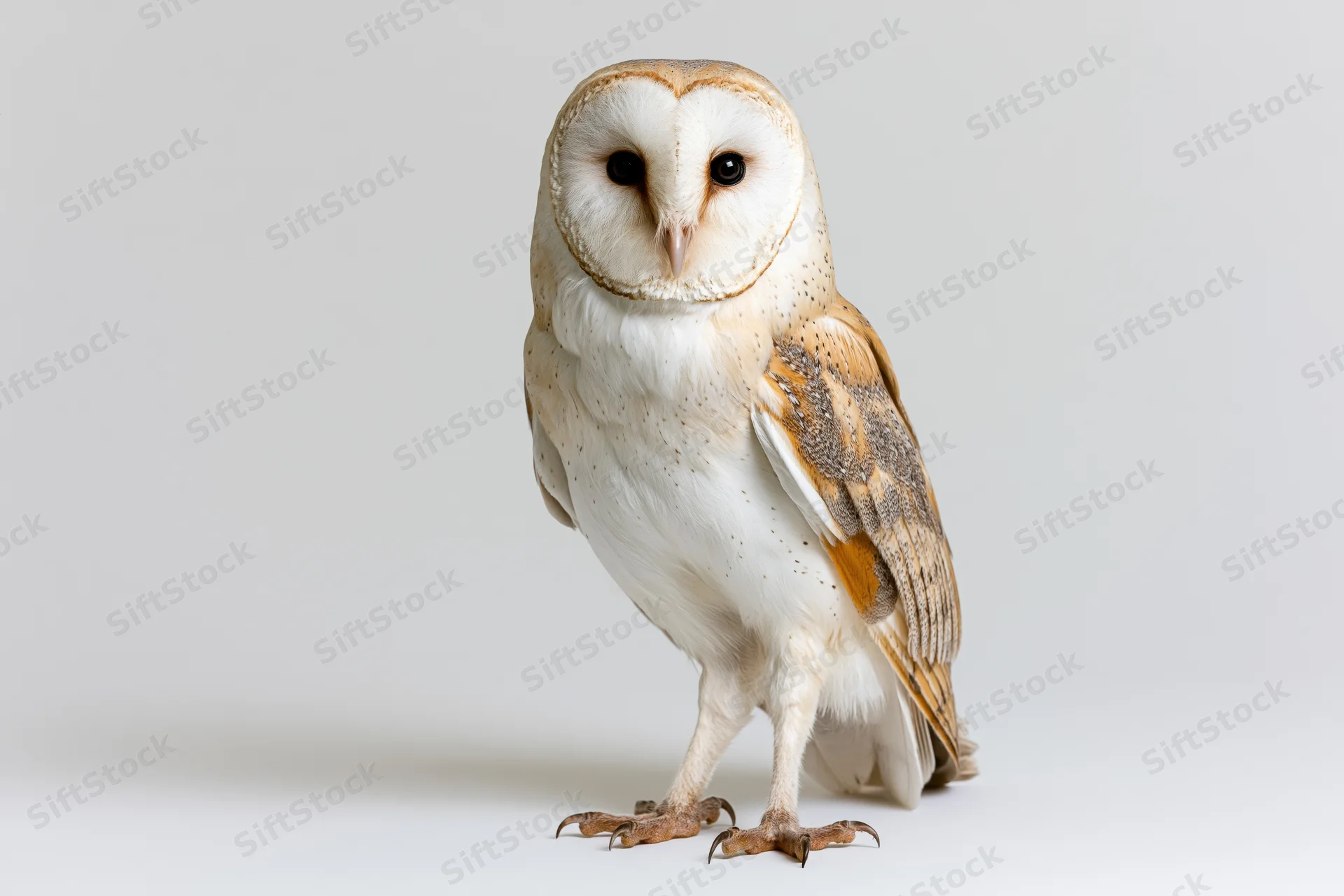 Barn owl perched upright facing forward on white background