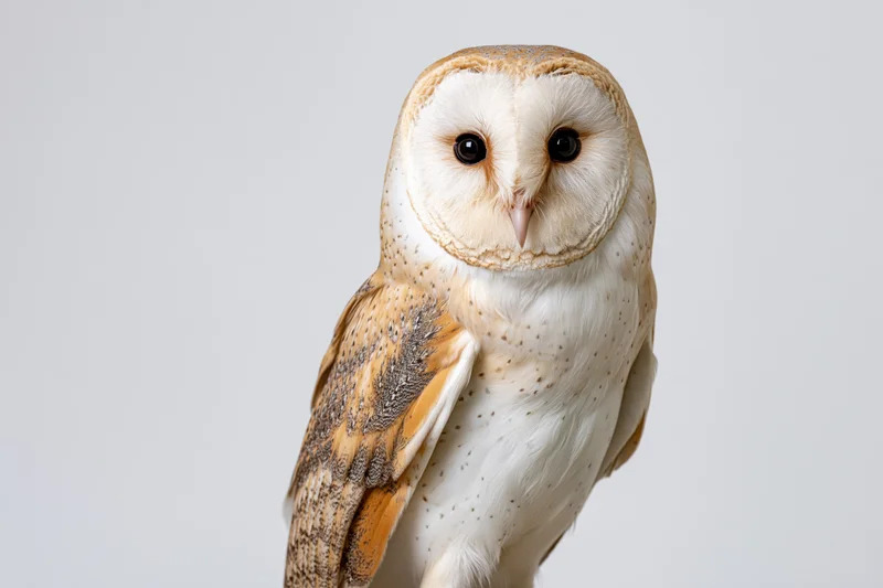 Barn owl perched upright facing forward with direct gaze against light background