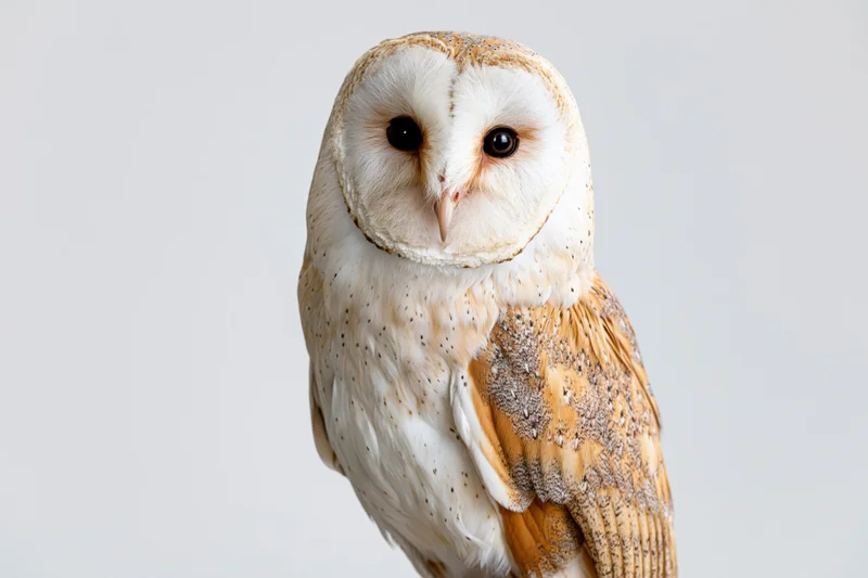 Barn owl perched upright facing forward with direct gaze against plain background
