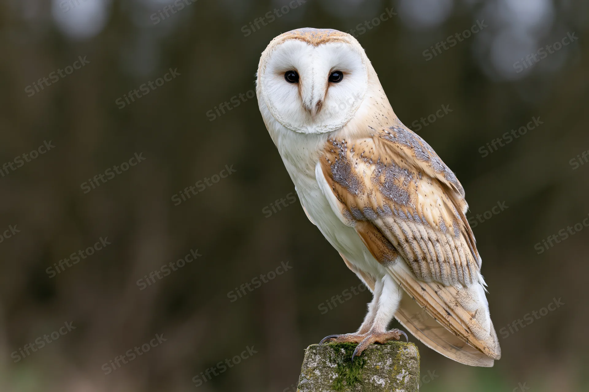 Barn owl perched upright on a mossy stone post facing slightly forward in a forest setting