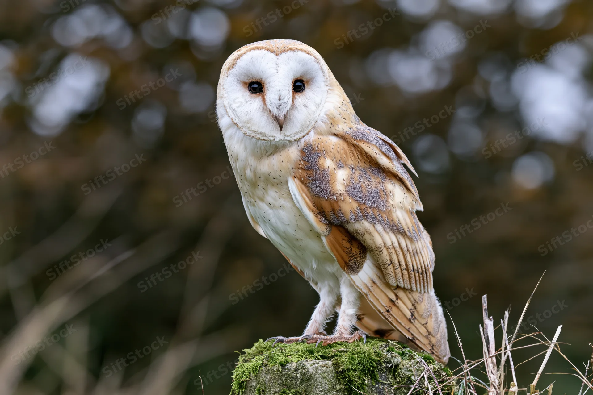 Barn owl perched upright on a mossy stone post in a forest setting