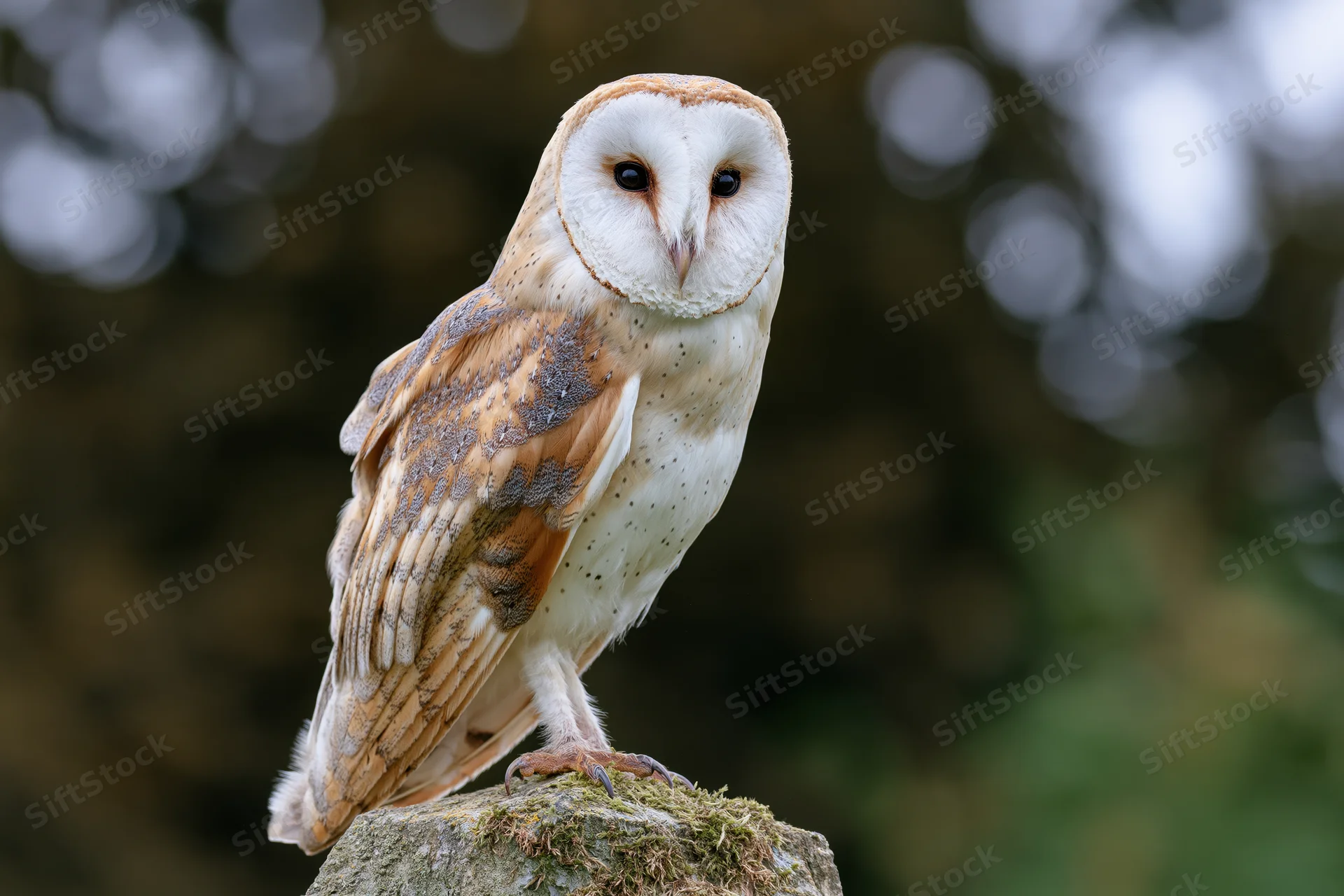 Barn owl perched upright on a mossy stone post facing slightly forward in a forest setting