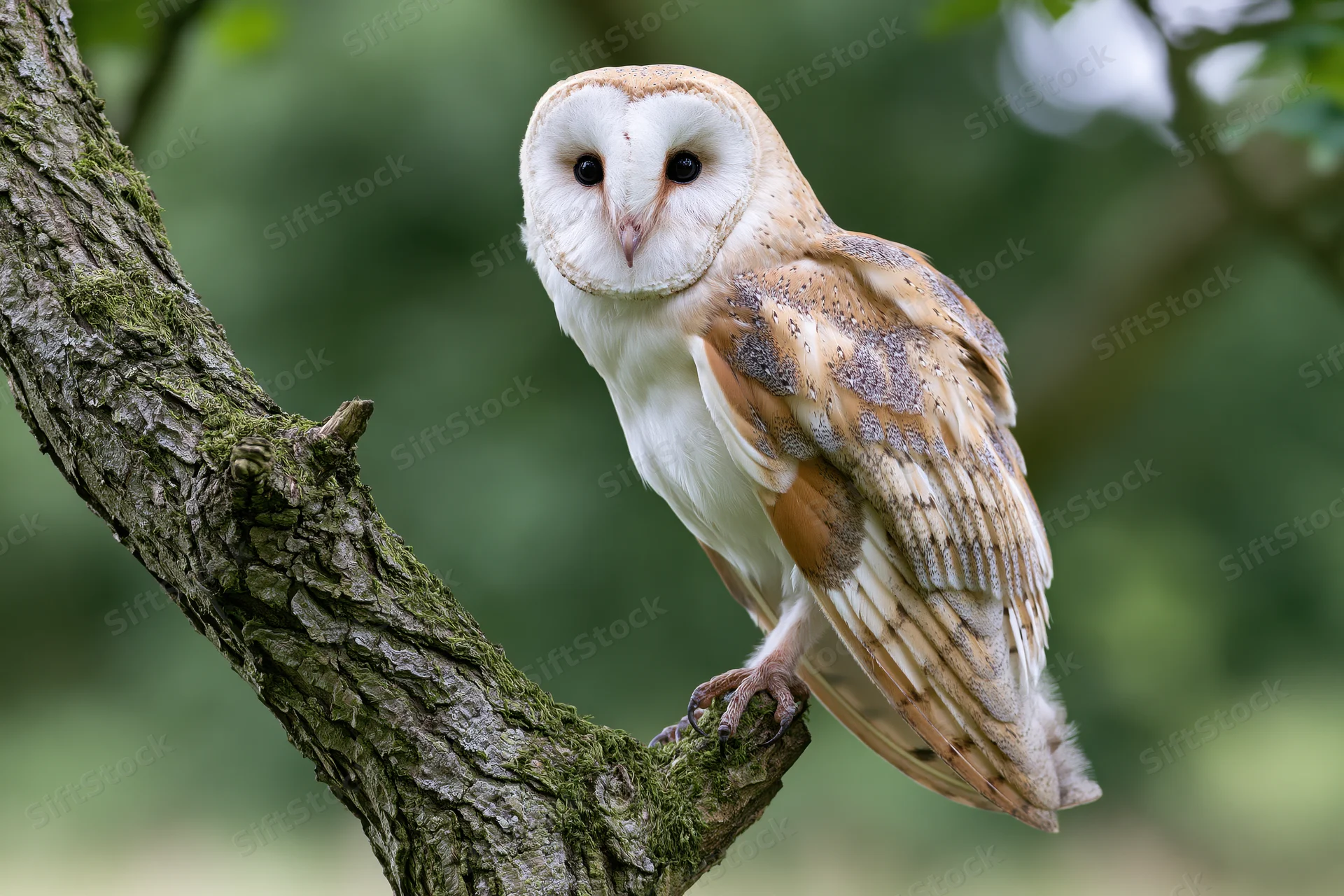 Barn owl perched upright on a mossy tree trunk fork facing forward in a forest setting
