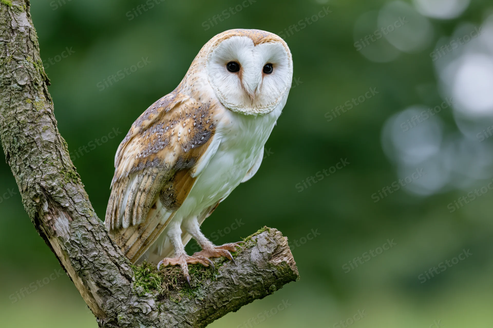 Barn owl perched upright on a mossy tree trunk fork facing forward in a green forest setting