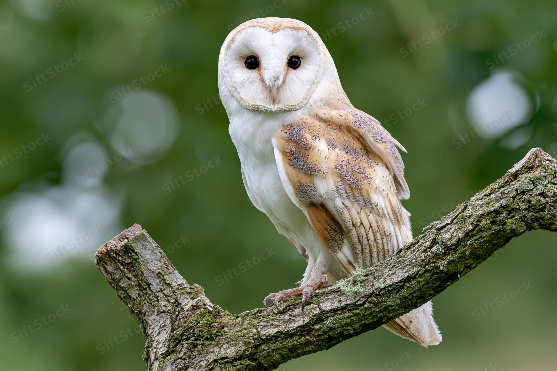 Barn owl perched upright on a mossy tree branch in a green forest setting