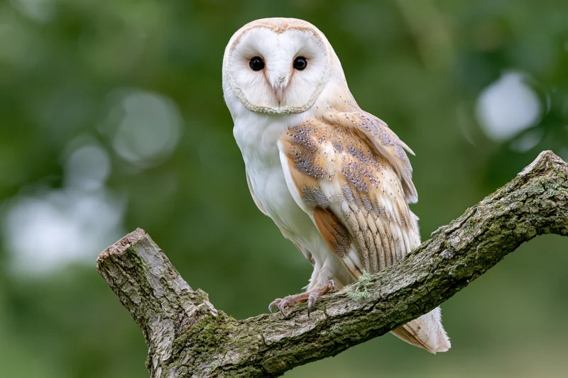 Barn owl perched upright on a mossy tree branch in a green forest setting