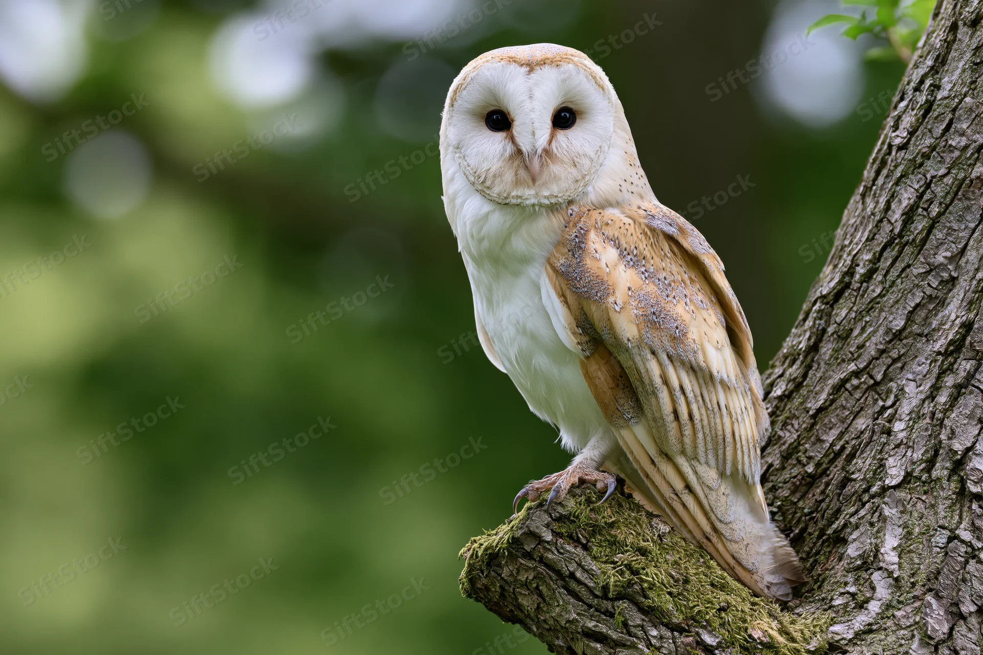Barn owl perched upright on a mossy tree trunk fork facing forward in a forest setting