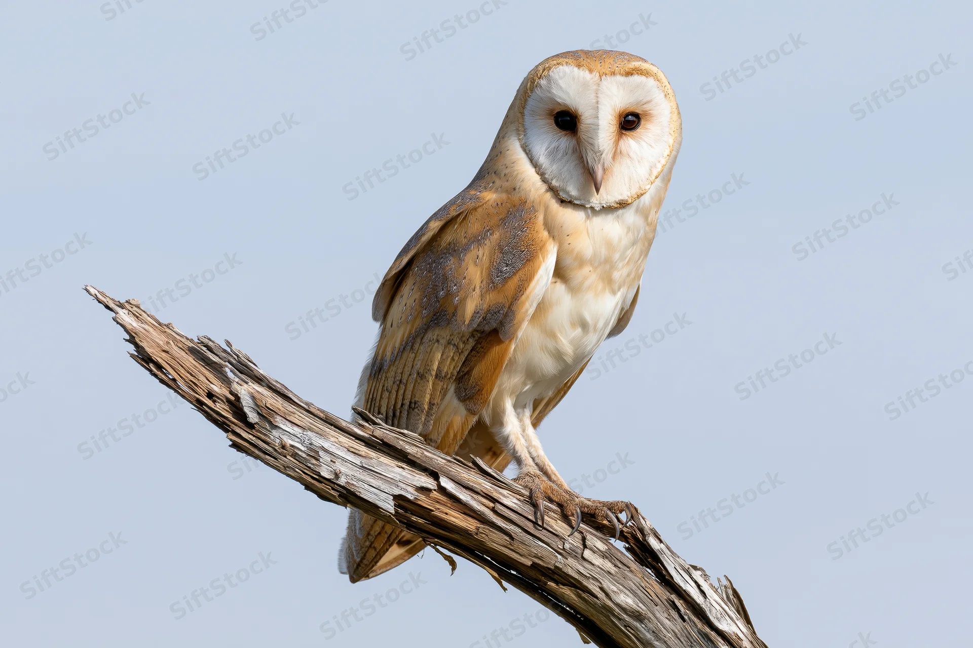 Barn owl perched upright on a weathered dead branch against a clear sky