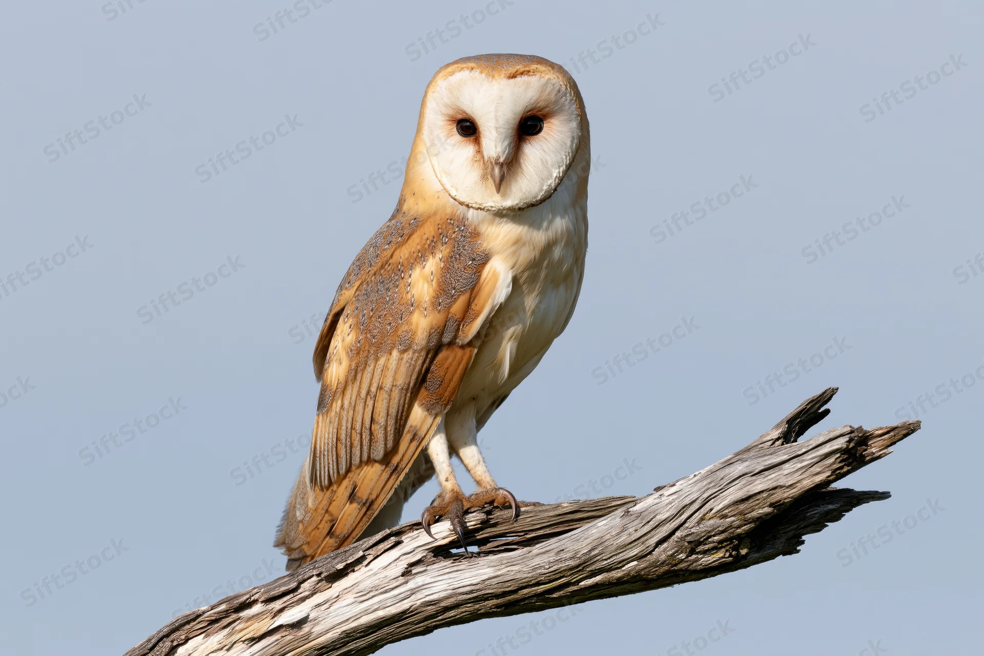Barn owl perched upright on a weathered dead branch against a clear blue sky