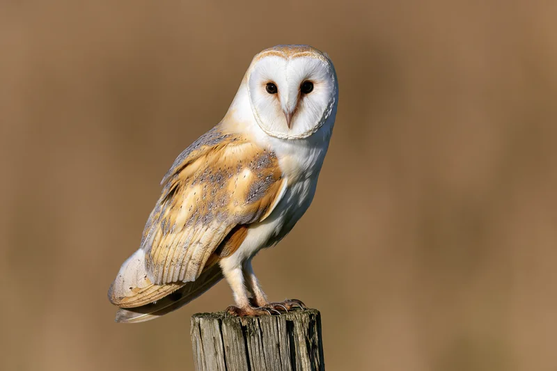 Barn owl perched upright on a weathered wooden fence post facing forward in a field