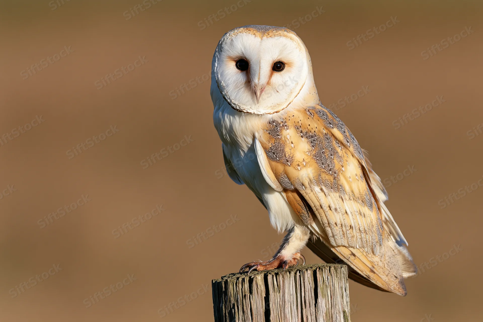 Barn owl perched upright on a weathered wooden fence post facing forward in a field