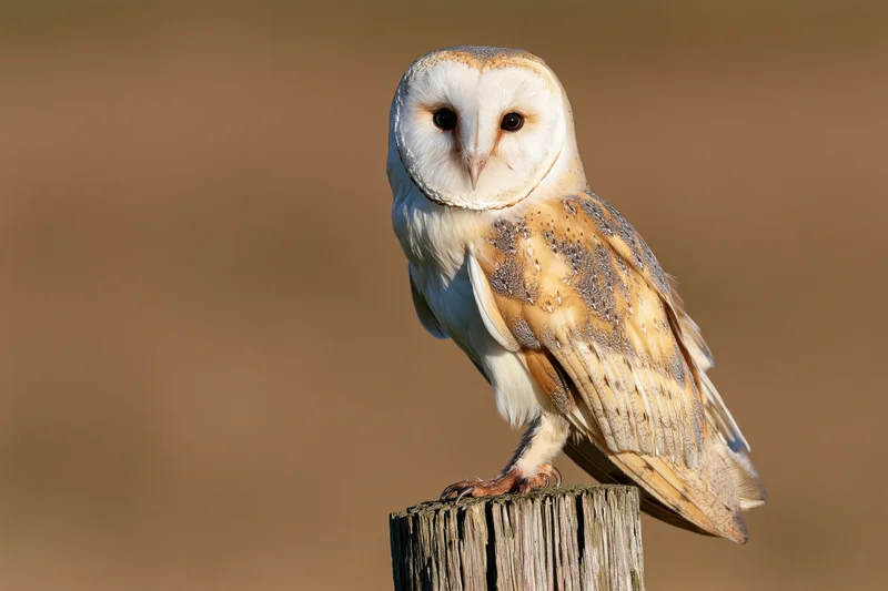 Barn owl perched upright on a weathered wooden fence post facing forward in a field