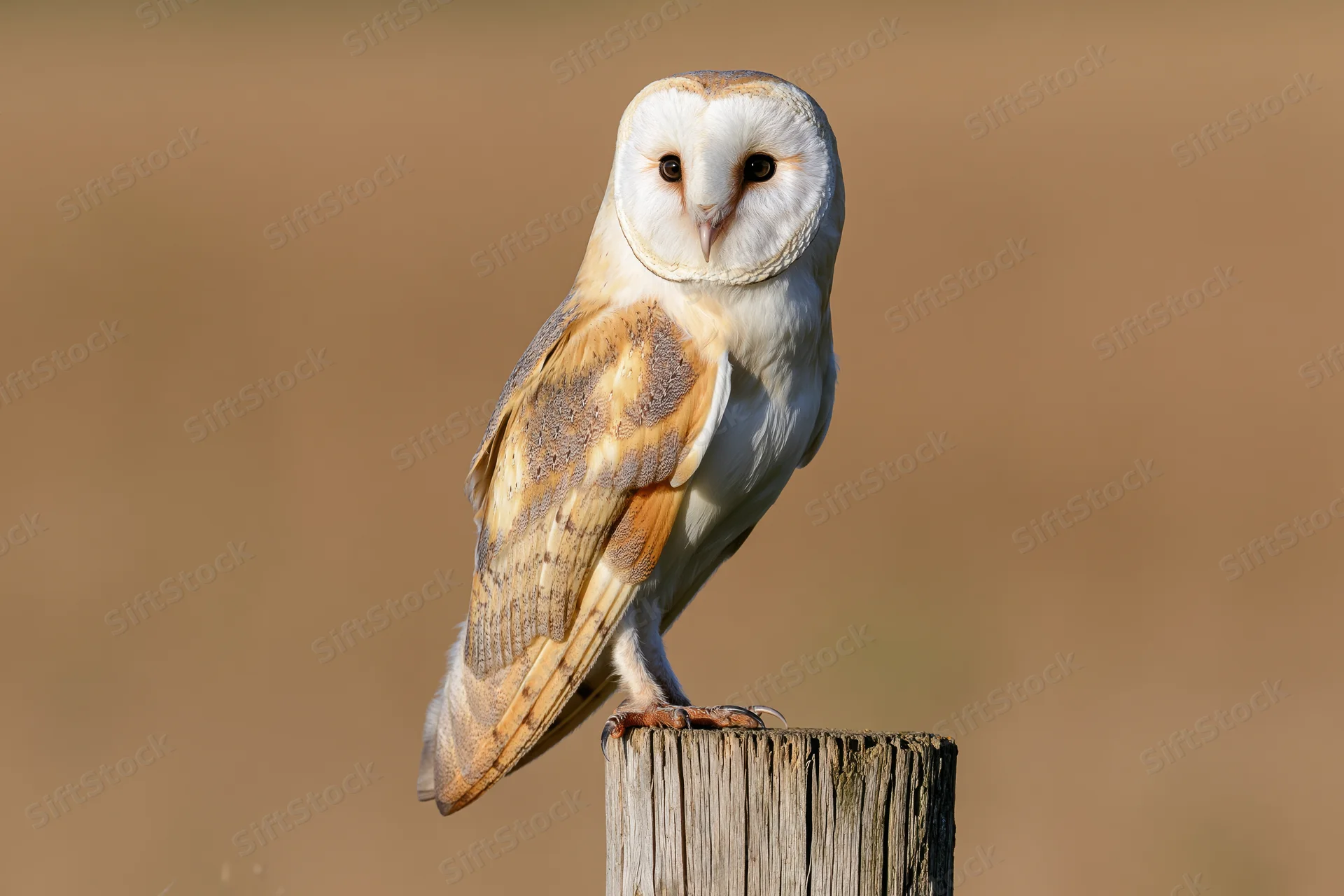 Barn owl perched upright on a weathered wooden fence post facing forward in a field