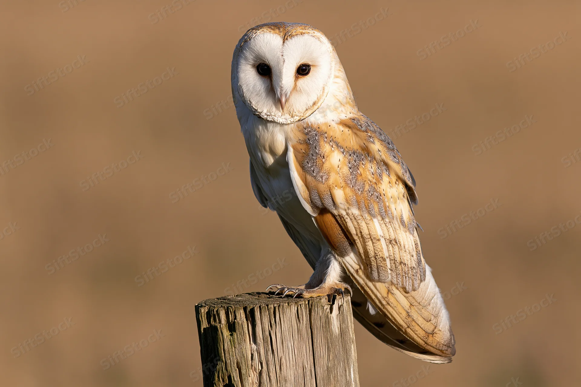 Barn owl perched upright on a weathered wooden fence post facing forward in a field