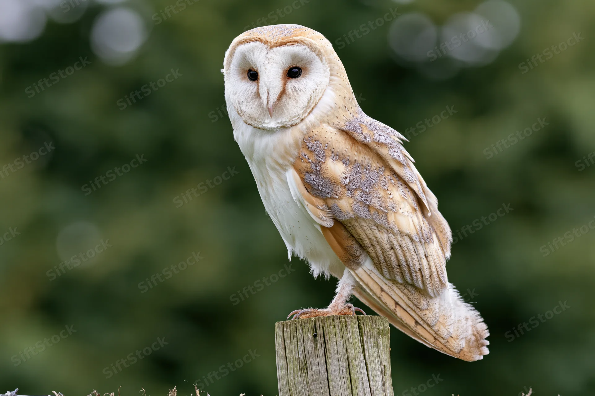Barn owl perched upright on a weathered wooden fence post facing forward in a green outdoor setting