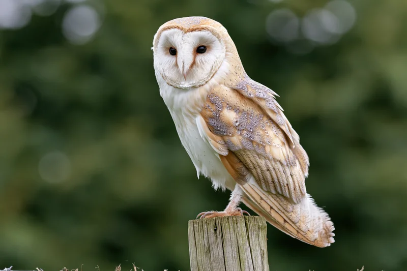 Barn owl perched upright on a weathered wooden fence post facing forward in a green outdoor setting