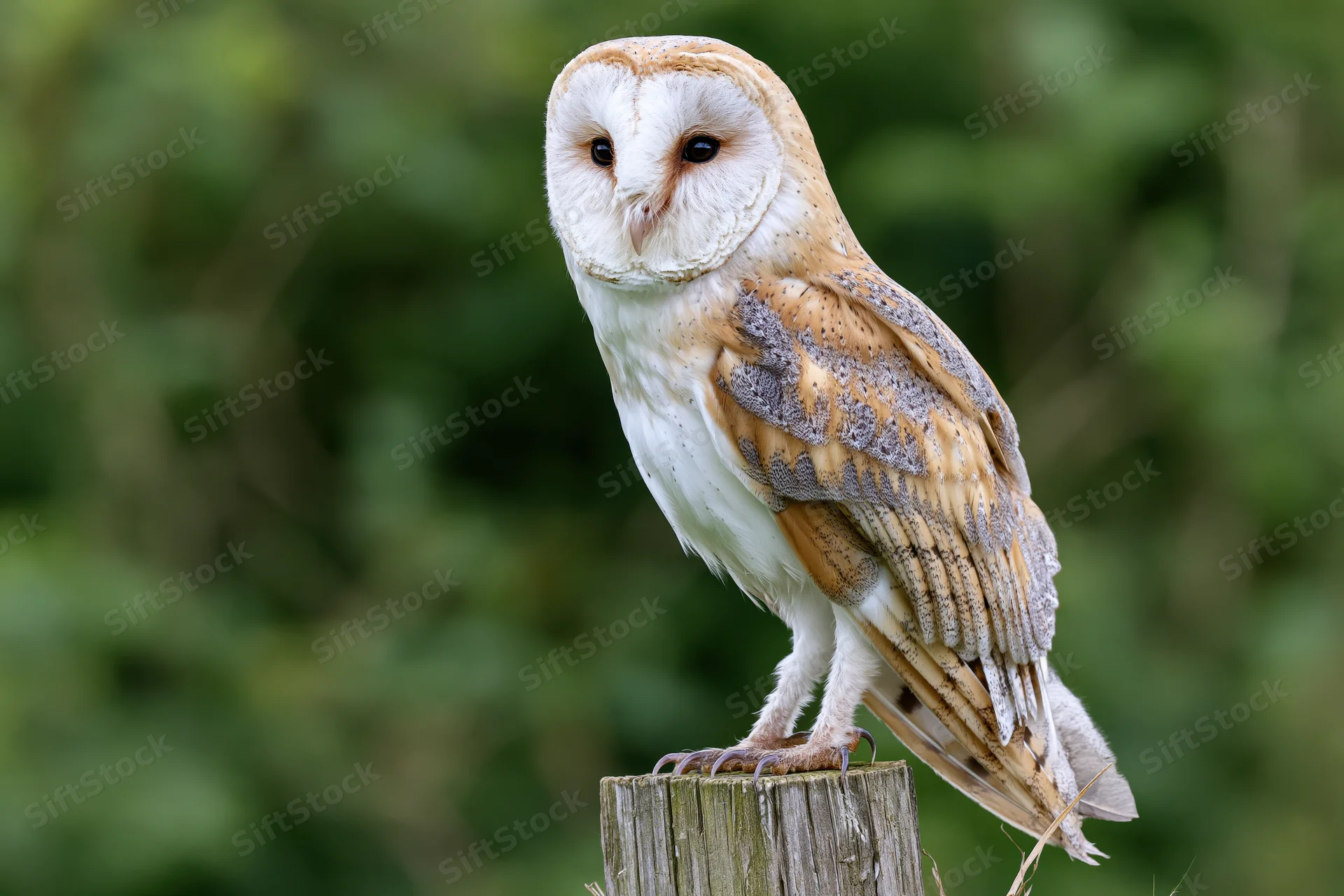 Barn owl perched upright on a weathered wooden fence post in a green forest setting