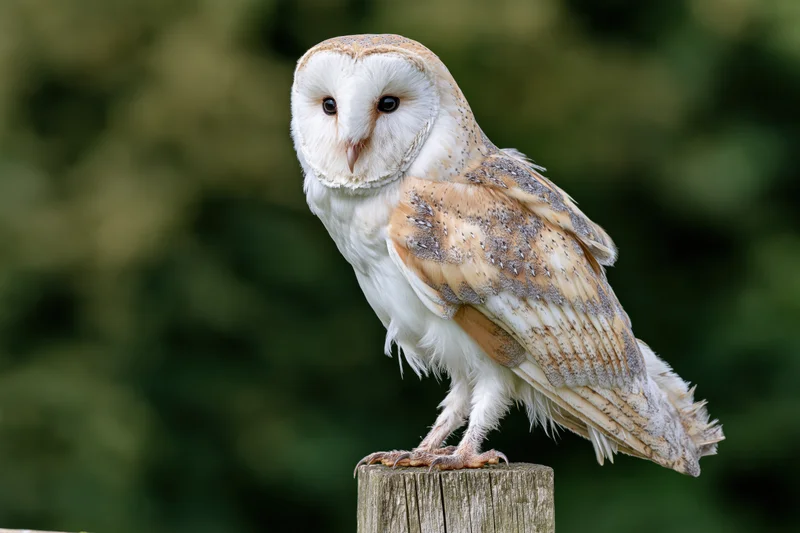 Barn owl perched upright on a weathered wooden fence post facing forward in a green outdoor setting