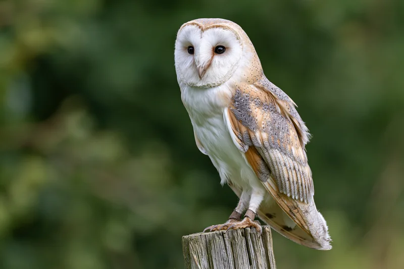 Barn owl perched upright on a weathered wooden fence post facing forward in a green forest setting