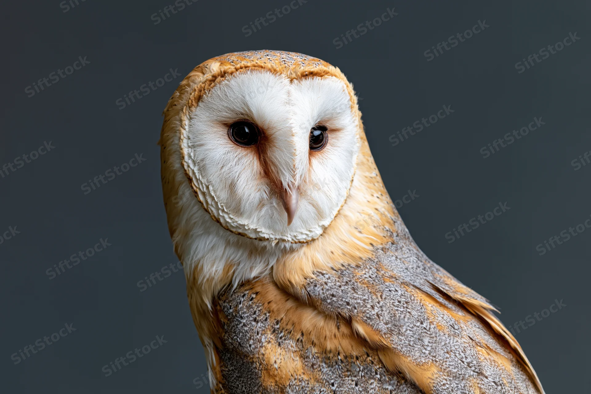 Barn owl turning its head toward the camera in a three-quarter view against a dark studio background