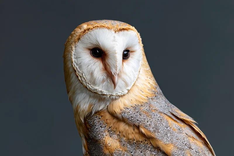 Barn owl turning its head toward the camera in a three-quarter view against a dark studio background