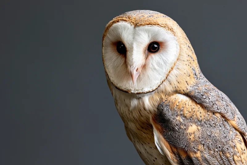 Barn owl facing camera in studio portrait with dark background