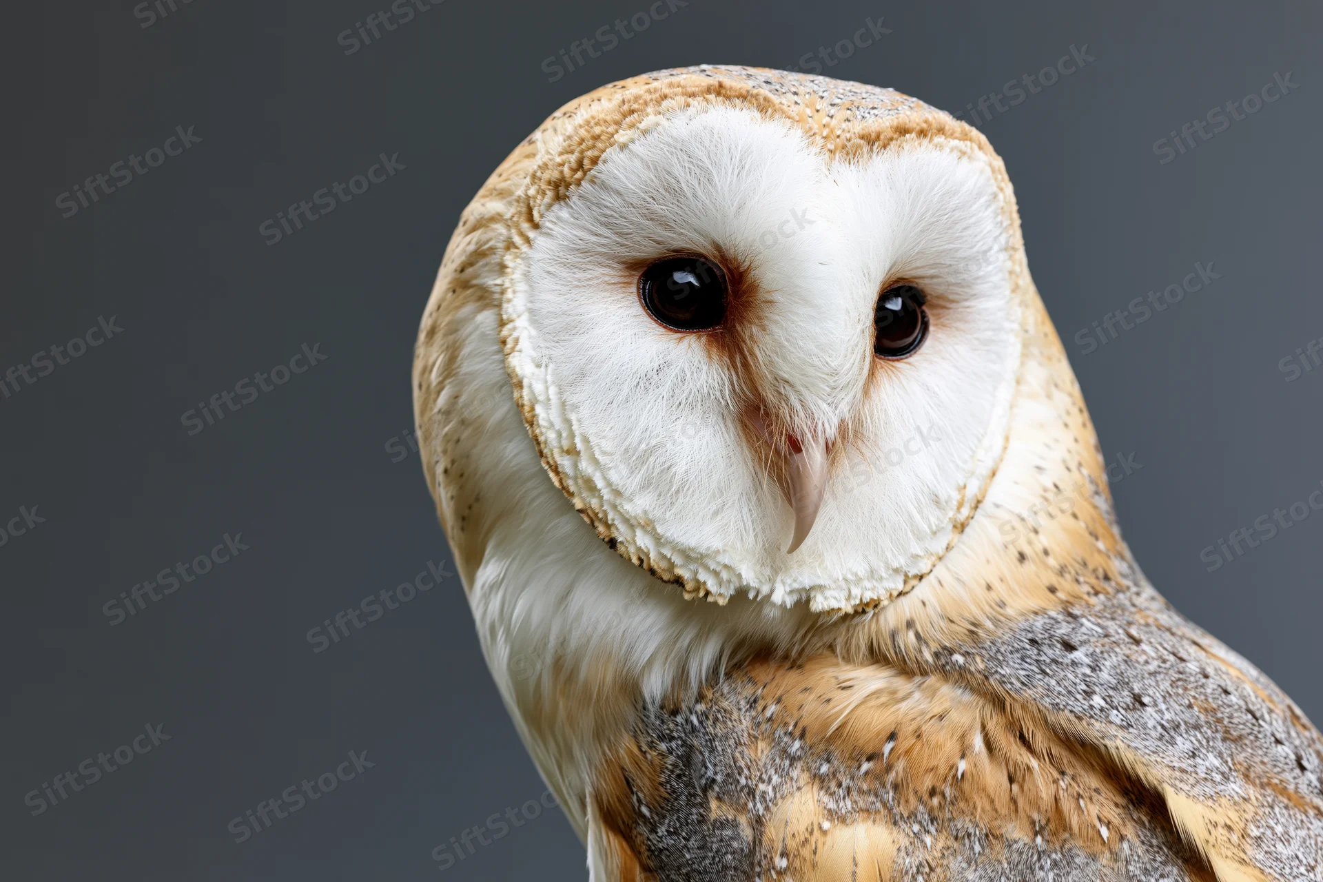 Barn owl facing camera in close-up studio portrait with dark background