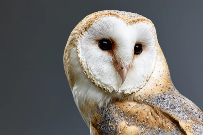 Barn owl facing camera in close-up studio portrait with dark background