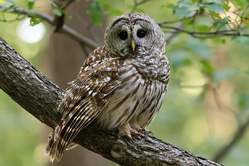 Barred owl perched on thick diagonal tree branch in forest foliage