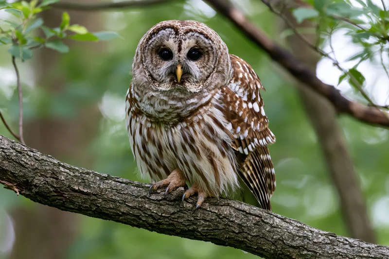 Barred owl perched on thick diagonal tree branch in forest foliage