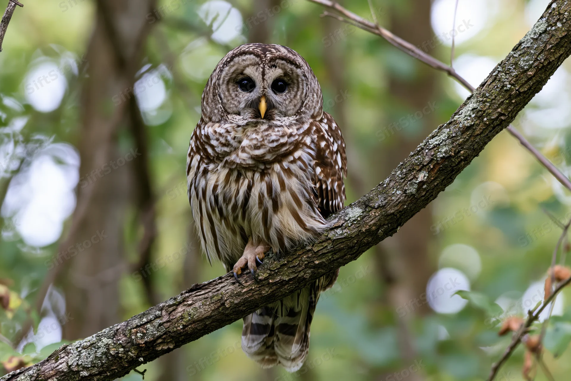 Barred owl perched on thick diagonal tree branch in forest setting