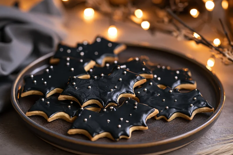 Bat-shaped sugar cookies with black royal icing and silver sprinkles on a dark plate, surrounded by warm string lights
