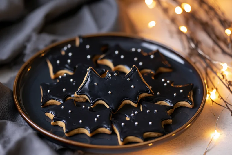 Bat-shaped sugar cookies with black royal icing and silver pearls on a dark plate beside warm string lights