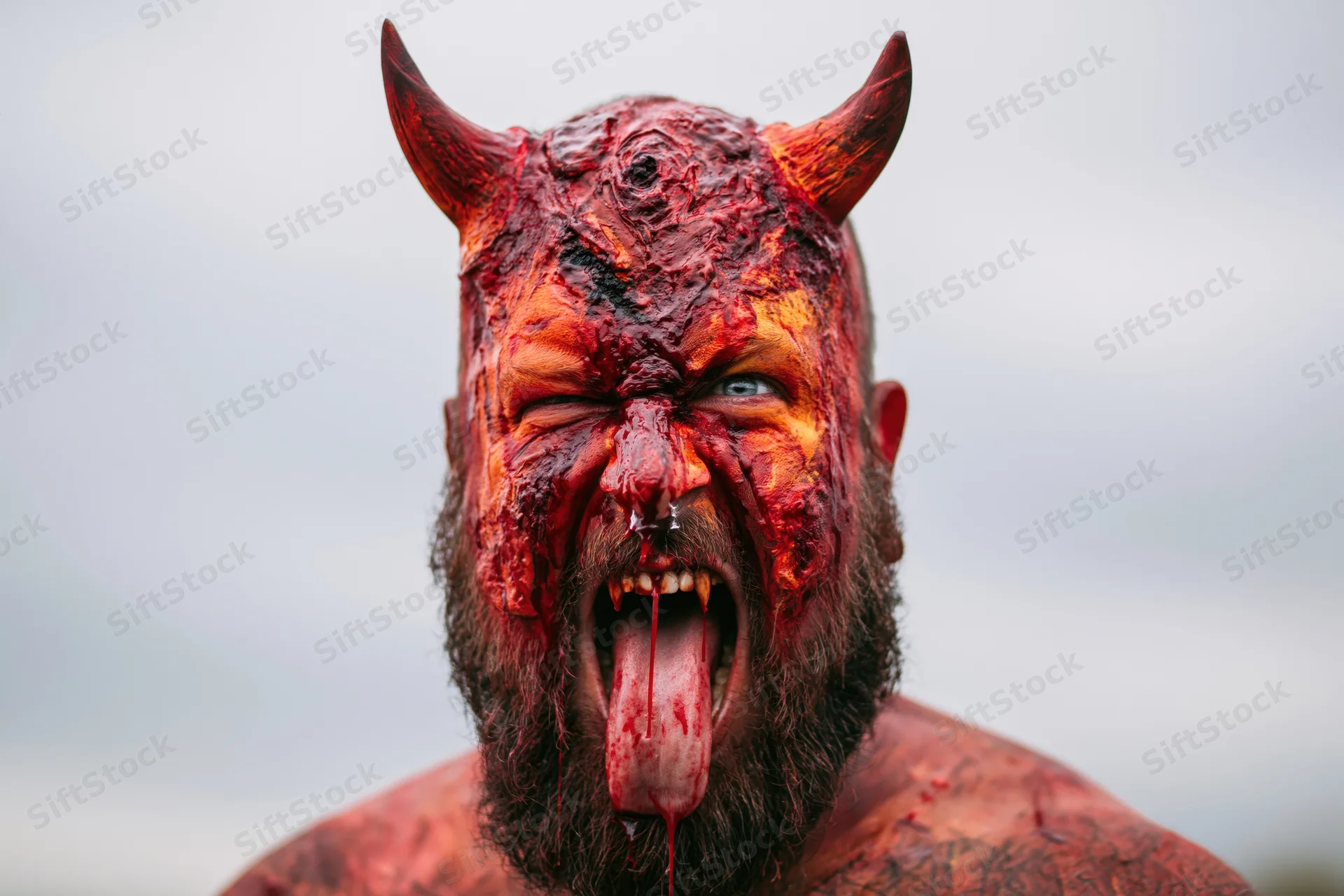 Bearded man in devil costume with red makeup and horns screaming with tongue out
