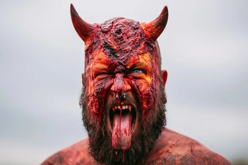 Bearded man in devil costume with red makeup and horns screaming with tongue out