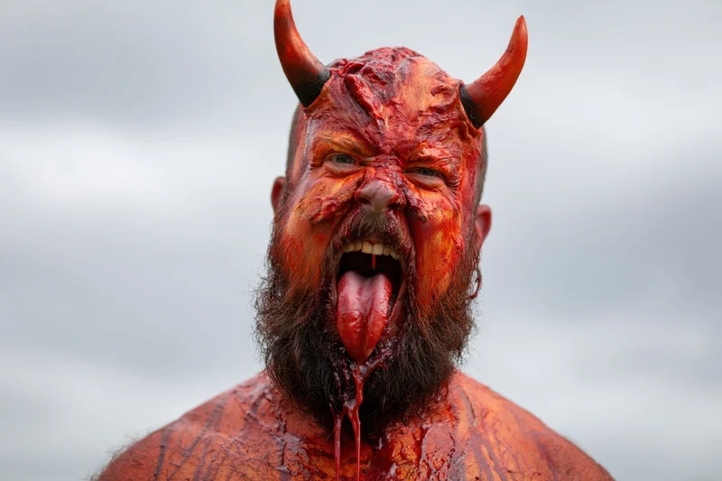 Bearded man in red devil costume makeup shouting with tongue out outdoors