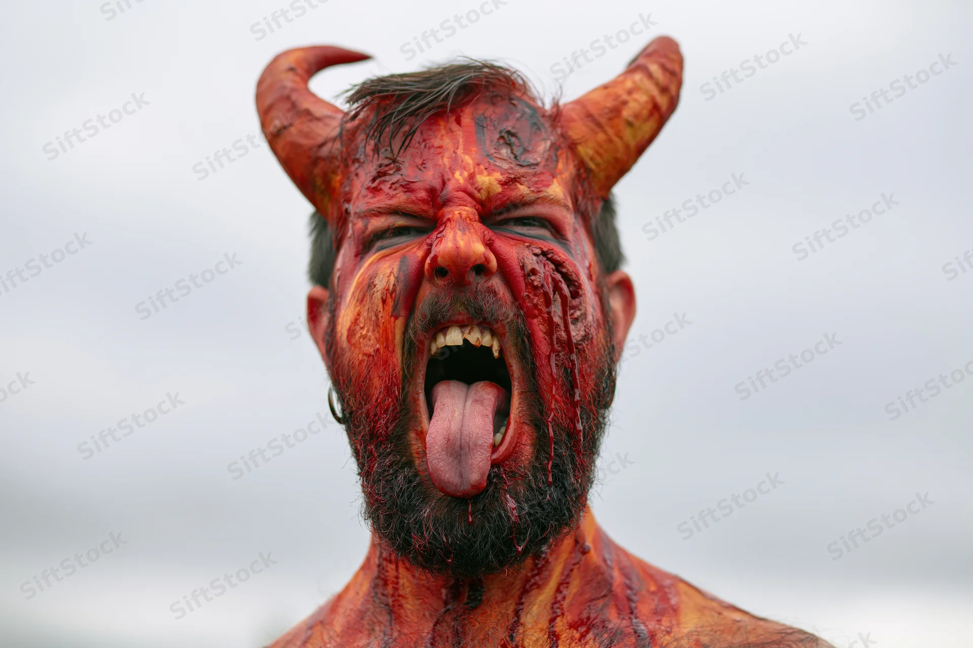 Bearded man with red devil makeup and horns screaming with tongue out