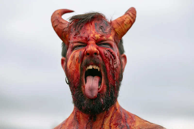 Bearded man with red devil makeup and horns screaming with tongue out