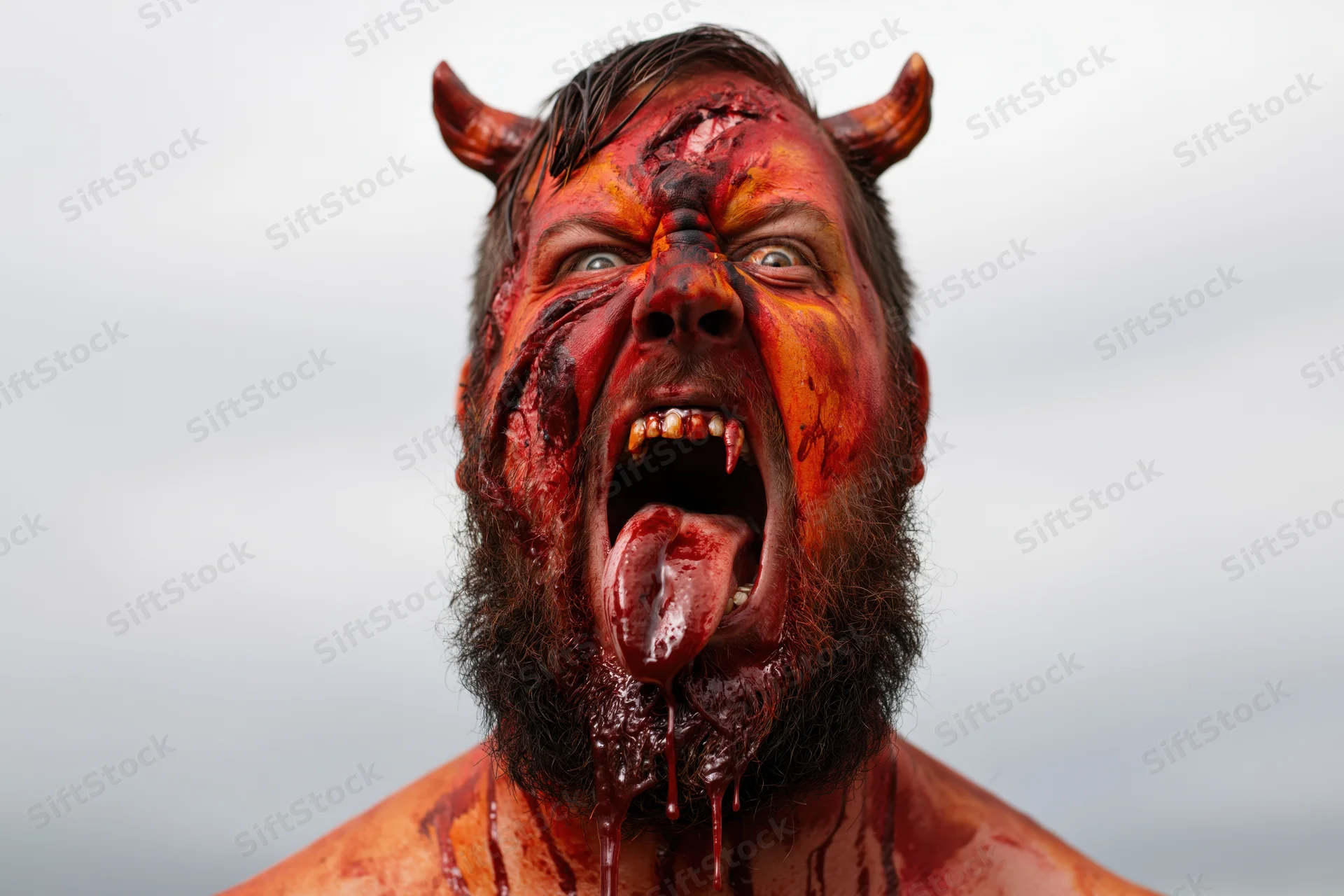 Bearded man in devil costume with horns and bloodied makeup screaming with tongue out against overcast sky