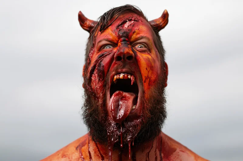 Bearded man in devil costume with horns and bloodied makeup screaming with tongue out against overcast sky