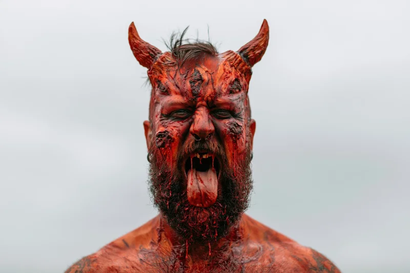 Bearded man in devil costume makeup shouting with horns and fangs outdoors