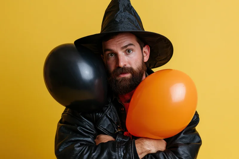 Bearded man in witch hat and leather jacket holding black and orange balloons against yellow background
