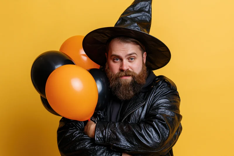 Bearded man in witch hat and leather jacket holding orange and black balloons against yellow background