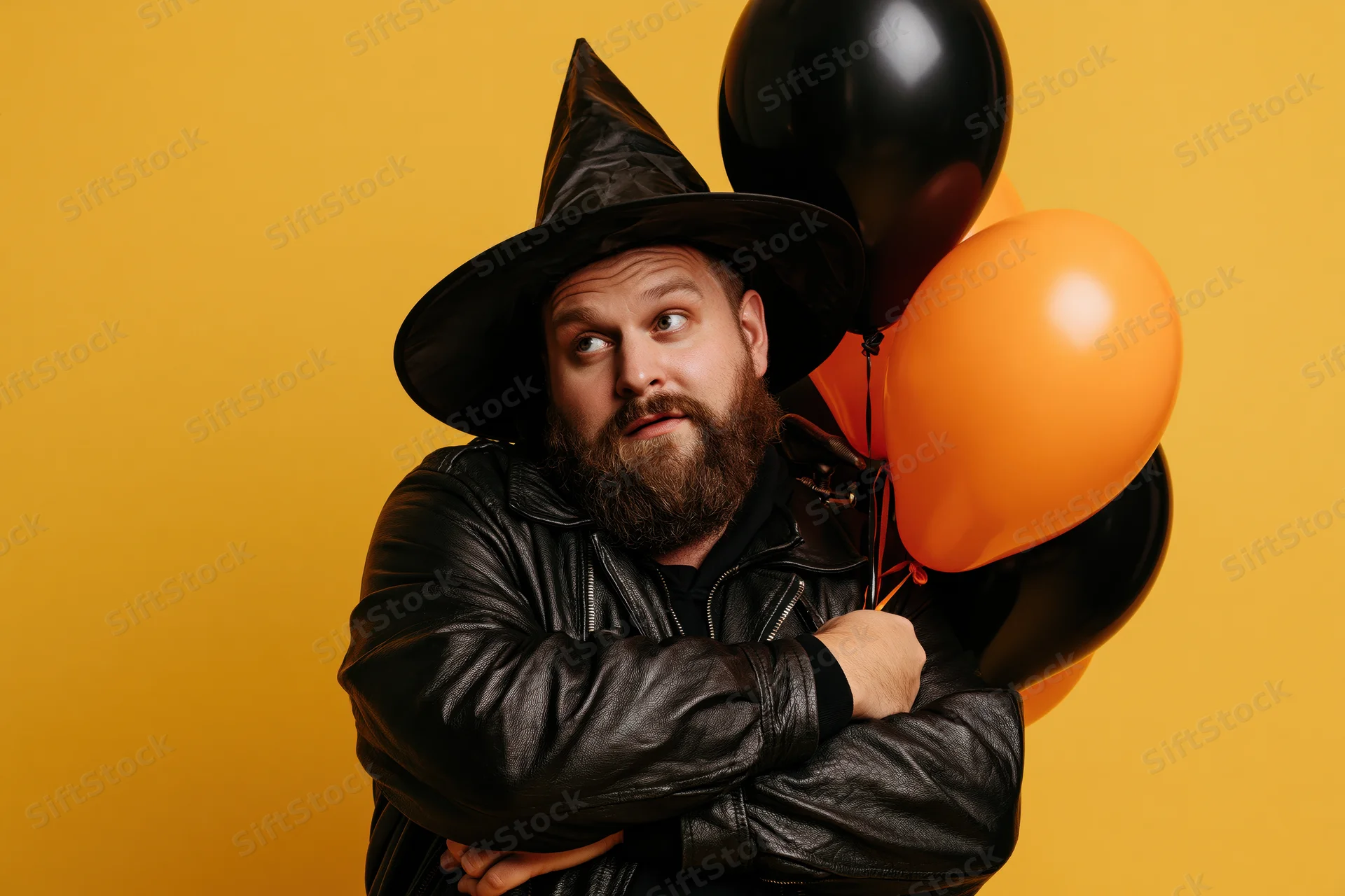 Bearded man in witch hat and leather jacket holding balloons, arms crossed, against yellow background