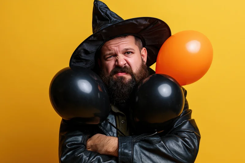 Bearded man in witch hat and leather jacket holding black and orange balloons against yellow background