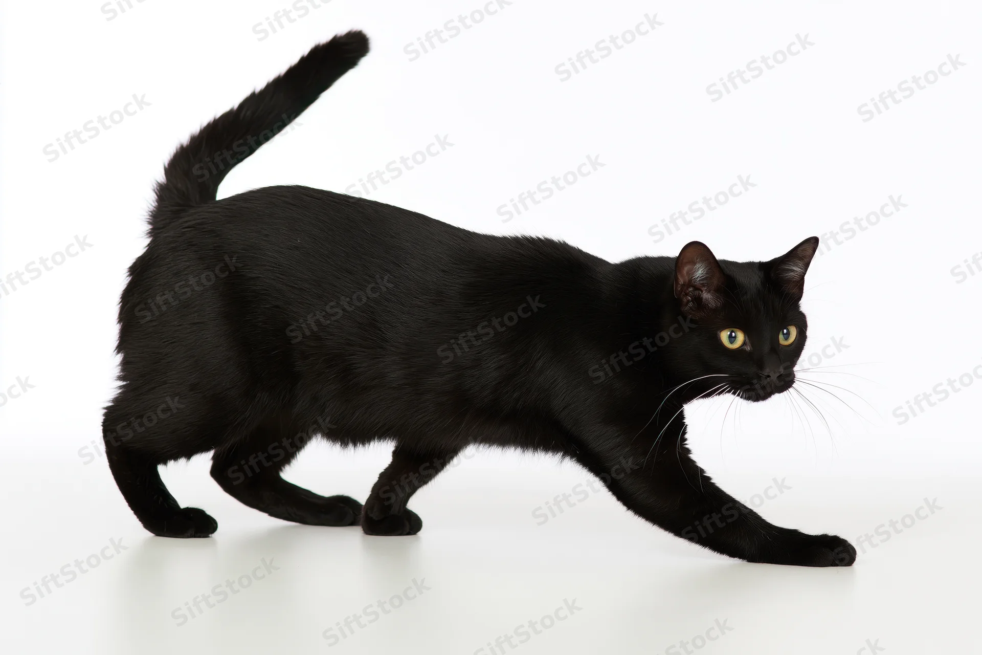 Black bombay cat in low crouching play stance with tail raised on white background