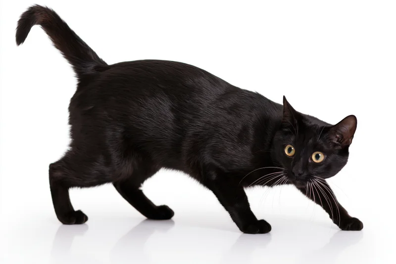 Black bombay cat in low crouching playful stance with tail raised on white background