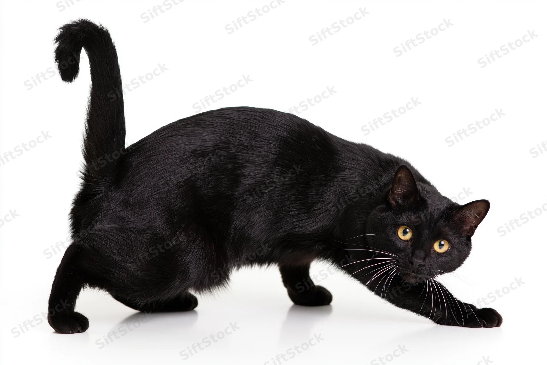 Black bombay cat in low crouching play stance with tail raised on white background