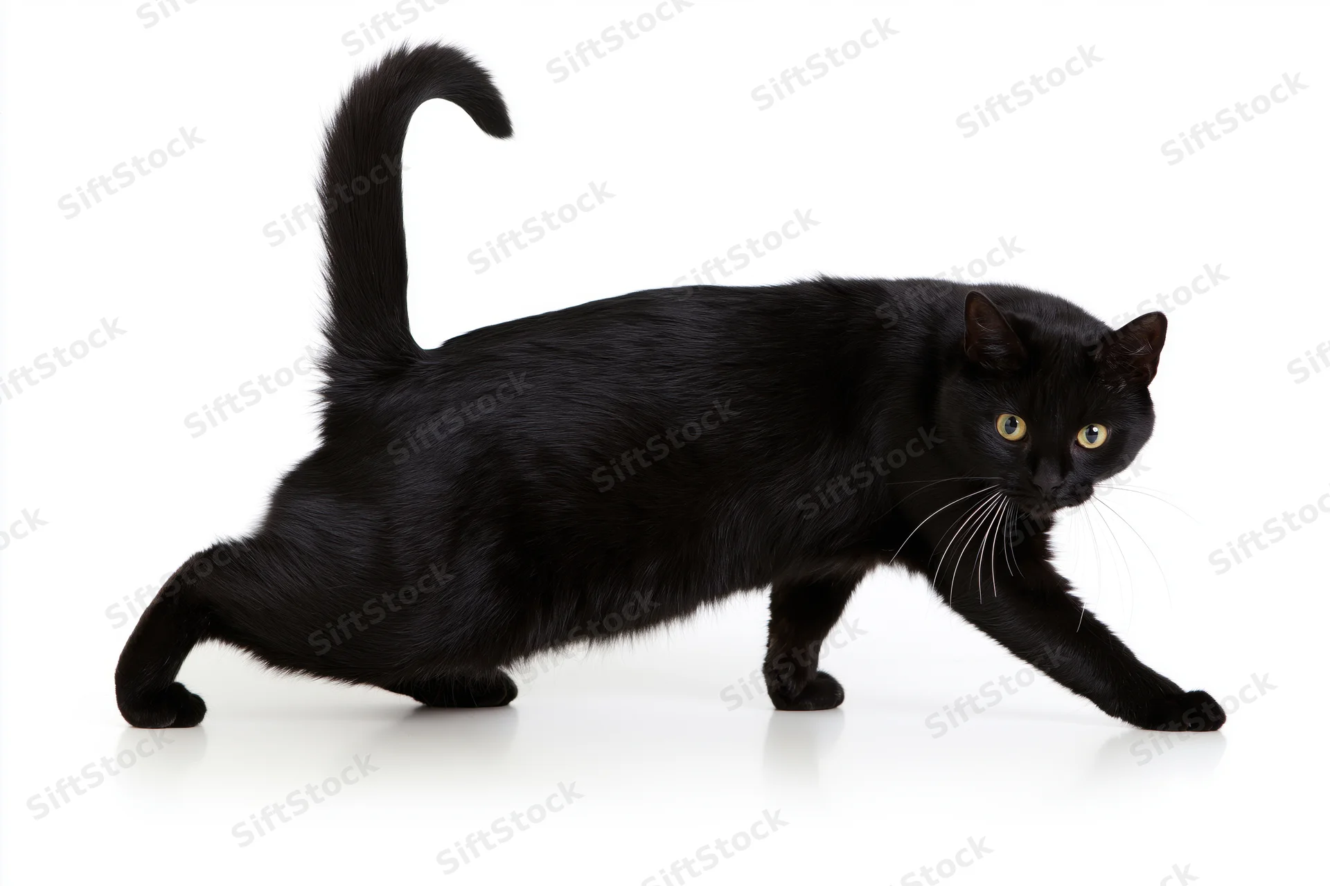 Black bombay cat in low crouching play stance with tail raised on white background