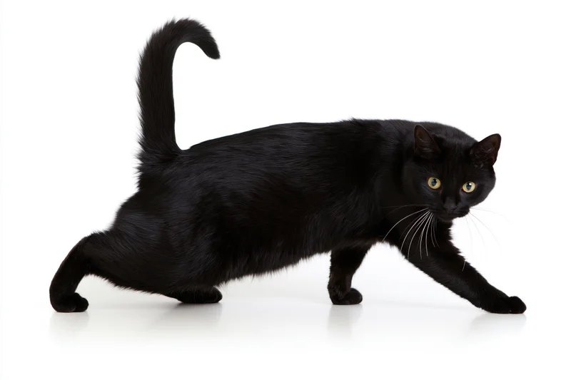 Black bombay cat in low crouching play stance with tail raised on white background